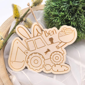 Ostereier zum aufhängen, Osteranhänger mit Bagger Karotte und Osterei Ostergeschenk personalisiert, Geschenkanhänger Ostern, Osterhase