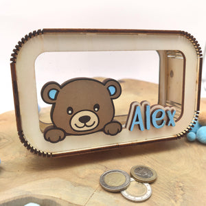 Bär Spardose personalisiert mit Namen in Wunschfarben, Sparbüchse, Sparschwein, Geldgeschenk, Geschenk Geburt, Taufe, Geburtstag, Teddy