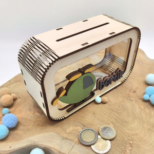 Hubschrauber Spardose personalisiert mit Namen in Wunschfarben, Sparbüchse, Sparschwein, Geldgeschenk, Geschenk Geburt, Taufe, Geburtstag