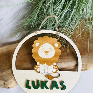 Türschild personalisiert fürs Kinderzimmer, Geburtstagsgeschenk, Deko, Geschenk Taufe, Geburt, Kindergeburtstag, Namensschild, Löwe, Safari