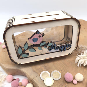 Spardose Vogel personalisiert mit Namen in Wunschfarben, Sparbüchse, Sparschwein, Geldgeschenk, Geschenk Geburt, Taufe, Geburtstag, Häschen