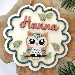 Süßes Eulen Türschild personalisiert fürs Kinderzimmer, gefertigt in Wunschfarben, Geschenk Taufe, Geburt, Kindergeburtstag, Eule, Waldtier