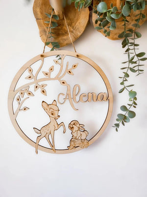 Personalisiertes Namensschild, Türschild, Holzschild Kinder Baby, Geschenk Geburt Taufe Geburtstag, Kinderzimmer Patenkind, bamby Reh Hase