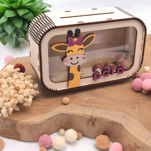 Spardose Giraffe personalisiert mit Namen in Wunschfarben, Sparbüchse, Sparschwein, Geldgeschenk, Geschenk Geburt, Taufe, Geburtstag, Safari