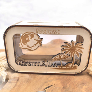 Spardose Reisekasse personalisiert mit Name, Geldgeschenk, Sparschwein Geburtstagsgeschenk Freundin Ehefrau Einzugsgeschenk, Flugzeug Sonne