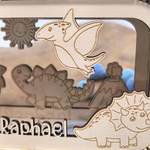 Dino Spardose personalisiert mit Namen, Sparbüchse, Sparschwein, Geldgeschenk, Geschenk zur Geburt, Taufe, Geburtstag, Dinosaurier, Trex