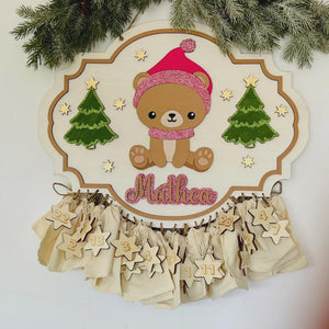 Adventskalender XXL Teddy aus Holz, personalisiert mit Wunschtext und in Wunschfarbe, Geschenkidee, Babys Weihnachten, Advent, Bär, Teddybär