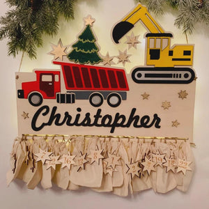 Adventskalender XXL Bagger LKW aus Holz, personalisiert mit Wunschtext und in Wunschfarbe, Geschenkidee, Babys Weihnachten, Baustelle, Truck