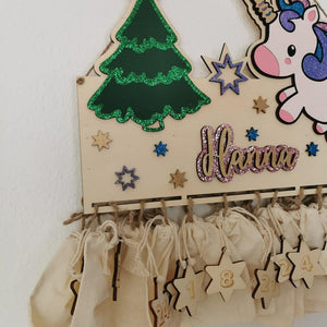 Einhorn Adventskalender aus Holz, personalisiert mit Wunschtext und in Wunschfarbe, Geschenkidee, Babys Weihnachten, Advent, Nikolaus
