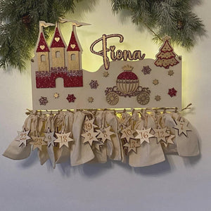 Adventskalender XXL Prinzessin aus Holz, personalisiert mit Wunschtext und in Wunschfarbe, Geschenkidee, Babys Weihnachten, Kutsche, Schloss