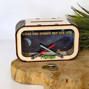 Lichtschwert Spardose personalisiert mit Namen in Wunschfarben, Sparbüchse, Sparschwein, Geldgeschenk, Geschenk Geburt, Taufe, Geburtstag