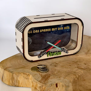 Lichtschwert Spardose personalisiert mit Namen in Wunschfarben, Sparbüchse, Sparschwein, Geldgeschenk, Geschenk Geburt, Taufe, Geburtstag