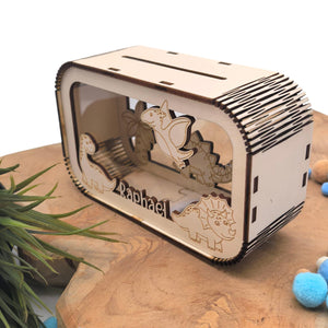 Dino Spardose personalisiert mit Namen, Sparbüchse, Sparschwein, Geldgeschenk, Geschenk zur Geburt, Taufe, Geburtstag, Dinosaurier, Trex