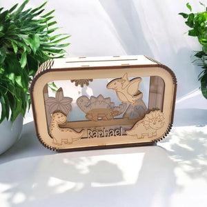 Dino Spardose personalisiert mit Namen, Sparbüchse, Sparschwein, Geldgeschenk, Geschenk zur Geburt, Taufe, Geburtstag, Dinosaurier, Trex