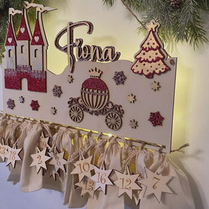 Adventskalender XXL Prinzessin aus Holz, personalisiert mit Wunschtext und in Wunschfarbe, Geschenkidee, Babys Weihnachten, Kutsche, Schloss