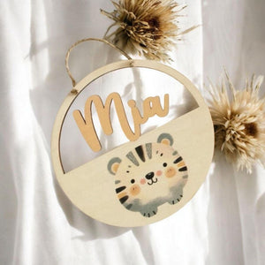 Türschild personalisiert fürs Kinderzimmer mit Löwe, Giraffe, Tiger, in Wunschfarben, Geschenk Taufe, Geburt, Kindergeburtstag, Namensschild