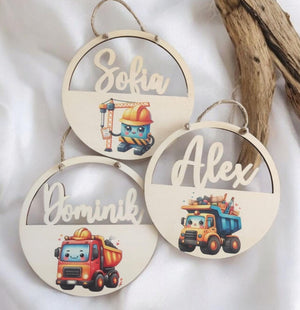 Türschild personalisiert fürs Kinderzimmer mit Bagger, in Wunschfarben, Geschenk Taufe, Geburt, Kindergeburtstag, Namensschild, Baustelle