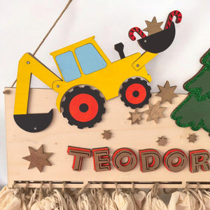 Adventskalender XXL Bagger Traktor aus Holz, personalisiert mit Wunschtext und in Wunschfarbe, Geschenkidee, Babys Weihnachten, Baustelle,