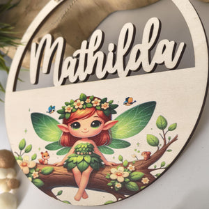 Türschild personalisiert fürs Kinderzimmer mit süßer Fee, Elfe, Waldfee, Geschenk Taufe, Geburt, Kindergeburtstag, Namensschild