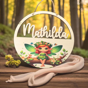 Türschild personalisiert fürs Kinderzimmer mit süßer Fee, Elfe, Waldfee, Geschenk Taufe, Geburt, Kindergeburtstag, Namensschild