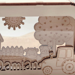 Traktor Spardose personalisiert mit Namen, Bauernhof, Sparbüchse, Sparschwein, Geldgeschenk, Geschenk Geburt, Taufe, Geburtstag Trecker, Kuh