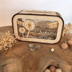 Spardose Wunscherfüller personalisiert mit Name, Geldgeschenk, Sparschwein Geburtstagsgeschenk Freundin Ehefrau Einzugsgeschenk, Pusteblume