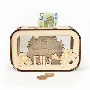 Spardose personalisiert mit Namen, Sparbüchse, Sparschwein, Geldgeschenk, Geschenk zur Geburt, Taufe, Geburtstag Fliegenpilz Wichtelhaus fee