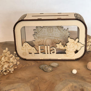 Spardose personalisiert mit Namen, Sparbüchse, Sparschwein, Geldgeschenk, Geschenk zur Geburt, Taufe, Geburtstag Fliegenpilz Wichtelhaus fee