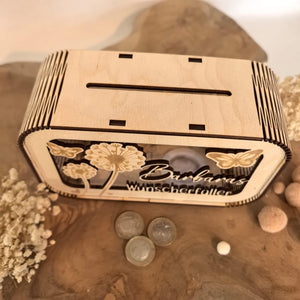 Spardose Wunscherfüller personalisiert mit Name, Geldgeschenk, Sparschwein Geburtstagsgeschenk Freundin Ehefrau Einzugsgeschenk, Pusteblume