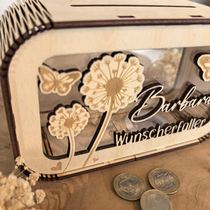 Spardose Wunscherfüller personalisiert mit Name, Geldgeschenk, Sparschwein Geburtstagsgeschenk Freundin Ehefrau Einzugsgeschenk, Pusteblume