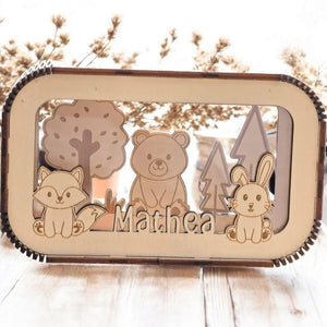 Spardose personalisiert mit Namen, Sparbüchse, Sparschwein, Geldgeschenk, Geschenk zur Geburt, Taufe, Geburtstag, Waldtiere, Reh, Bär,Fuchs