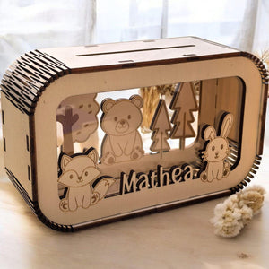 Spardose personalisiert mit Namen, Sparbüchse, Sparschwein, Geldgeschenk, Geschenk zur Geburt, Taufe, Geburtstag, Waldtiere, Reh, Bär,Fuchs