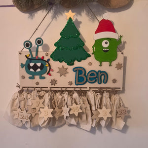 Adventskalender XXL Monster Alien aus Holz, personalisiert mit Wunschtext und in Wunschfarbe Geschenkidee Babys Weihnachten Advent