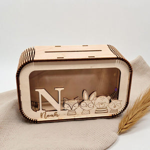 Spardose personalisiert mit Namen, Sparbüchse, Sparschwein, Geldgeschenk, Geschenk zur Geburt, Taufe, Geburtstag, Waldtiere, Reh, Bär,Fuchs