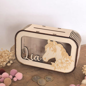 Pferde Spardose personalisiert mit Namen, Sparbüchse, Sparschwein, Geldgeschenk, Geschenk zur Geburt, Taufe, Geburtstag, Reiten, Mädchen