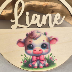 Türschild personalisiert fürs Kinderzimmer mit süßer Baby Kuh, Geschenk Taufe, Geburt, Kindergeburtstag, Namensschild, Bauernhof, Mädchen