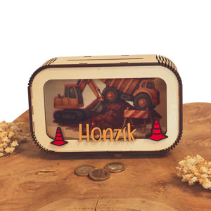 Spardose Bagger personalisiert mit Namen in Wunschfarben, Sparbüchse, Sparschwein, Geldgeschenk, Geschenk Geburt, Taufe, Geburtstag, Truck