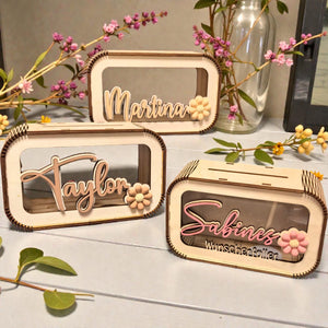 Spardose personalisiert mit Namen & 3D Blume in Wunschfarbe, Sparbüchse, Sparschwein, Geldgeschenk, Geschenk Geburtstag, Freundin, Teenager