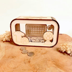 Fußball Spardose personalisiert mit Namen, Sparbüchse, Sparschwein, Geldgeschenk, Geschenk zur Geburt, Taufe, Geburtstag, Torwart, Soccer