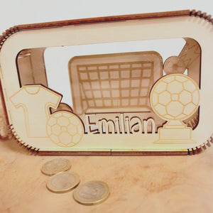 Fußball Spardose personalisiert mit Namen, Sparbüchse, Sparschwein, Geldgeschenk, Geschenk zur Geburt, Taufe, Geburtstag, Torwart, Soccer