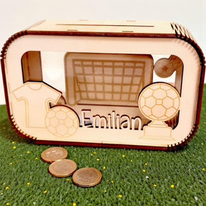 Fußball Spardose personalisiert mit Namen, Sparbüchse, Sparschwein, Geldgeschenk, Geschenk zur Geburt, Taufe, Geburtstag, Torwart, Soccer