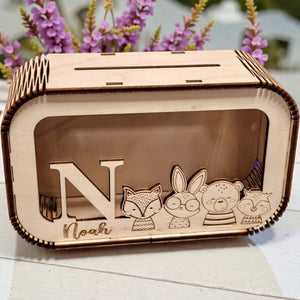 Spardose personalisiert mit Namen, Sparbüchse, Sparschwein, Geldgeschenk, Geschenk zur Geburt, Taufe, Geburtstag, Waldtiere, Reh, Bär,Fuchs