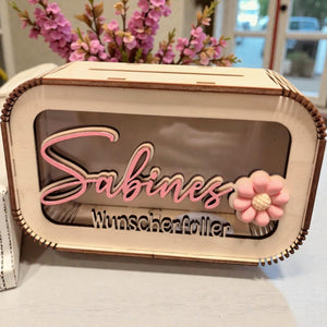 Spardose personalisiert mit Namen & 3D Blume in Wunschfarbe, Sparbüchse, Sparschwein, Geldgeschenk, Geschenk Geburtstag, Freundin, Teenager