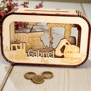 Spardose personalisiert mit Namen, Sparbüchse, Sparschwein, Geldgeschenk, Geschenk zur Geburt, Taufe, Geburtstag, Baustelle, Bagger, Kran