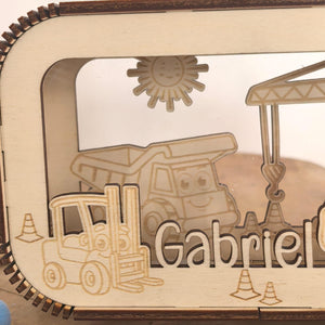 Spardose personalisiert mit Namen, Sparbüchse, Sparschwein, Geldgeschenk, Geschenk zur Geburt, Taufe, Geburtstag, Baustelle, Bagger, Kran