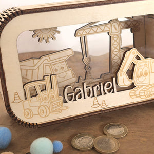 Spardose personalisiert mit Namen, Sparbüchse, Sparschwein, Geldgeschenk, Geschenk zur Geburt, Taufe, Geburtstag, Baustelle, Bagger, Kran