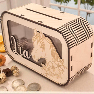 Pferde Spardose personalisiert mit Namen, Sparbüchse, Sparschwein, Geldgeschenk, Geschenk zur Geburt, Taufe, Geburtstag, Reiten, Mädchen