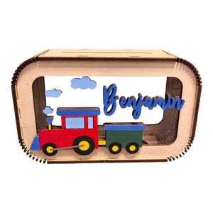 Zug Spardose personalisiert mit Namen in Wunschfarben, Sparbüchse, Sparschwein, Geldgeschenk, Geschenk Geburt, Taufe, Geburtstag Bahnhof