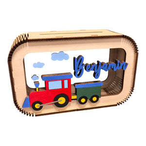 Zug Spardose personalisiert mit Namen in Wunschfarben, Sparbüchse, Sparschwein, Geldgeschenk, Geschenk Geburt, Taufe, Geburtstag Bahnhof