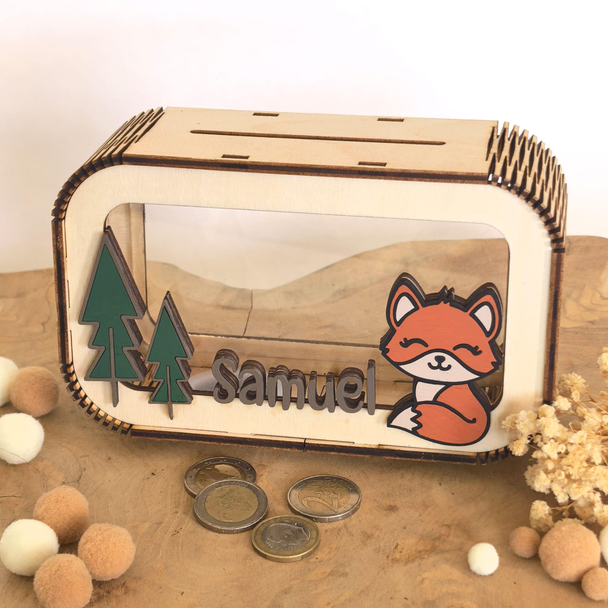 Personalisierte Fuchs Spardose aus Holz mit Namen – Handgefertigtes Waldtiere Geldgeschenk zur Geburt & Taufe – Wunschfarbe – 17x11 cm